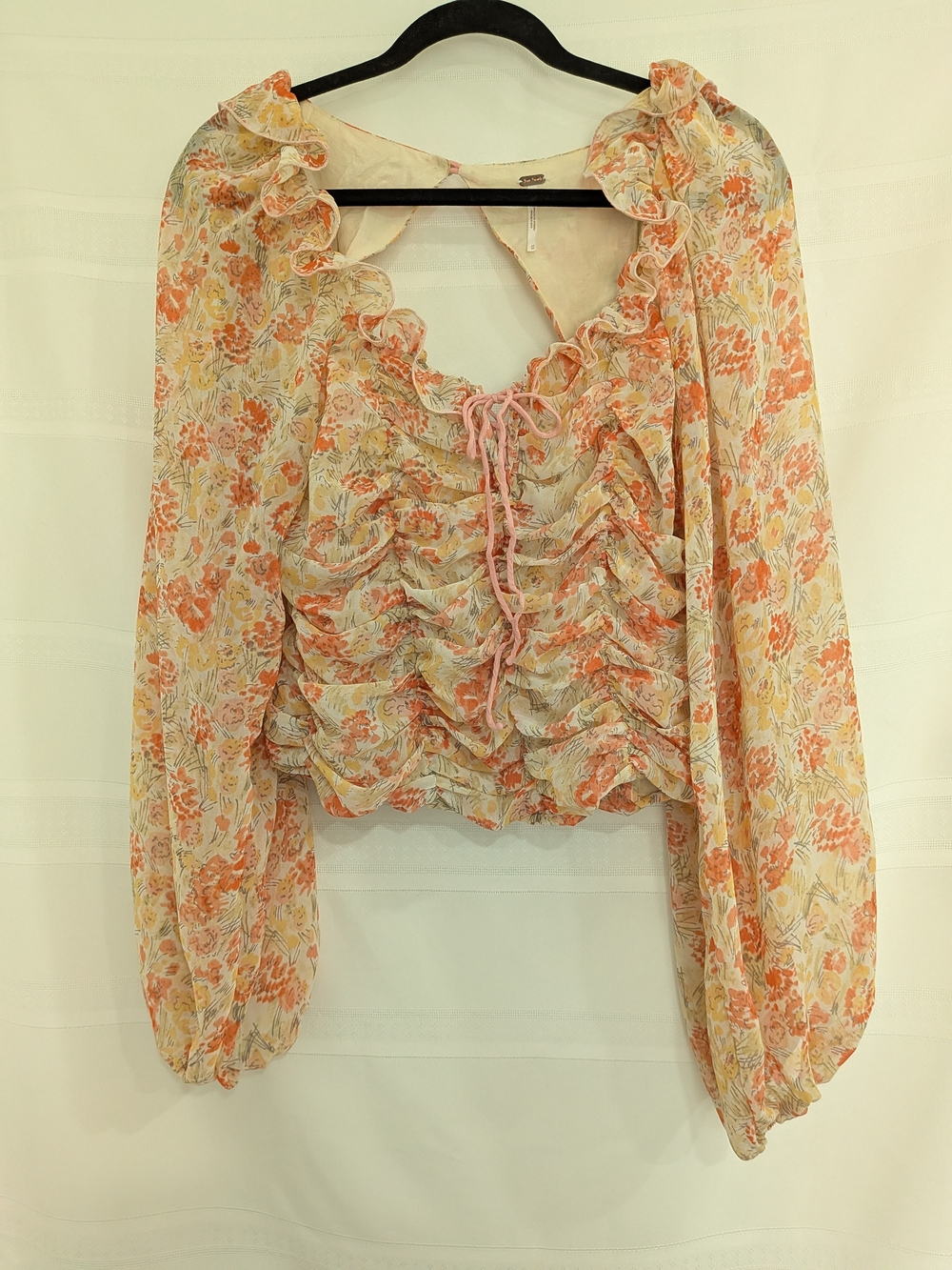 Free People Peach Floral Ruffle Tie Blouse